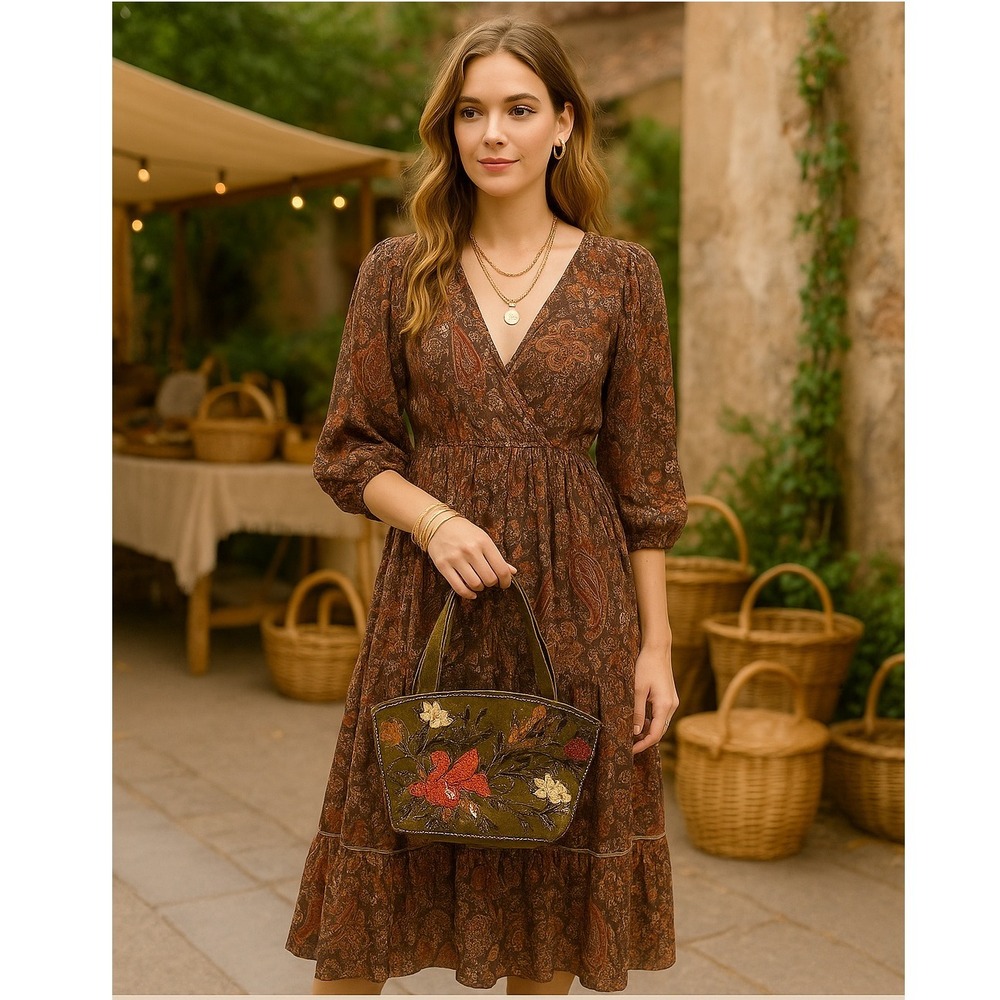 ERMO Collection Evening Velvet‎ Floral Beaded Handbag Zipper Olive Green